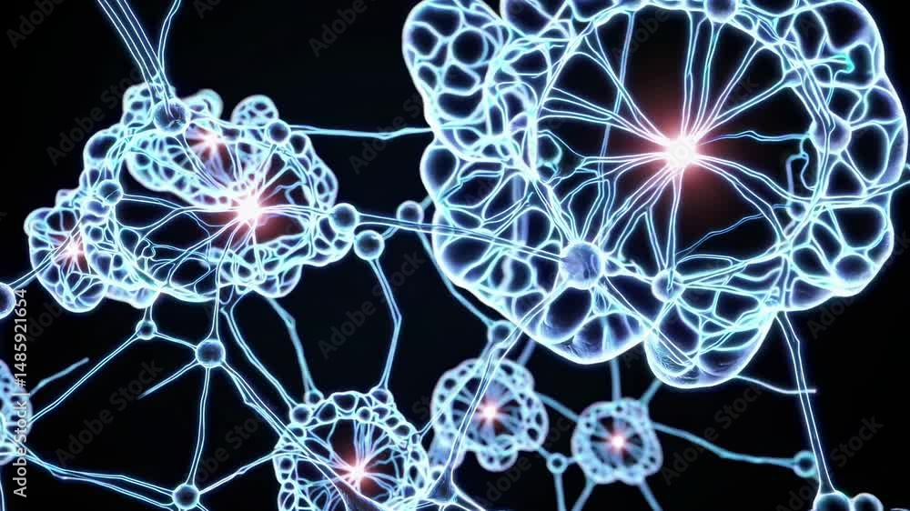 Poster glowing interconnected neurons transmit electrical and chemical signals, illustrating the complex ne