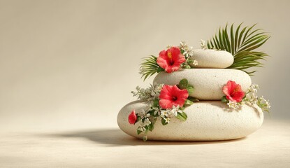 Stacked stones adorned with hibiscus flowers and greenery