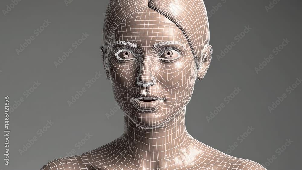 Aufkleber polygonal mesh is covering a surprised woman's face and neck, representing a concept within computer