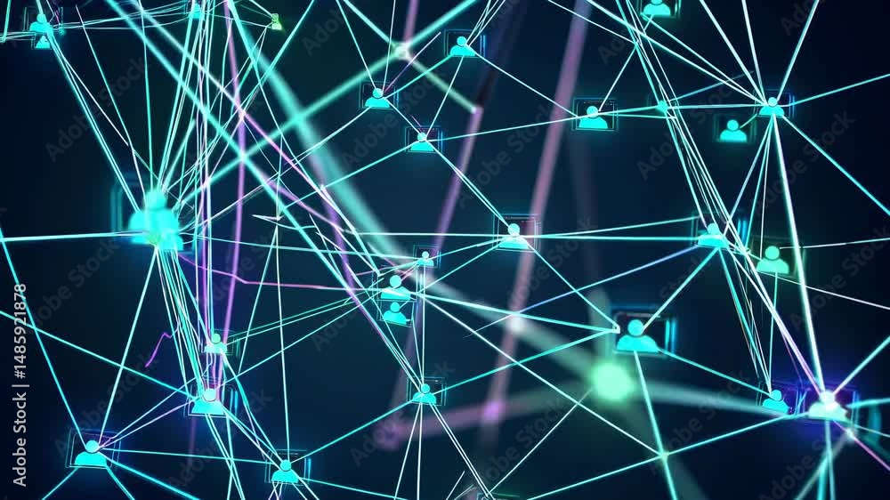 Poster glowing lines connect user icons in a complex network, symbolizing global communication, data exchan