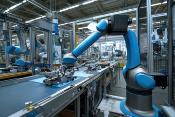 Cobot and human collaboration under factory s bright LED lights