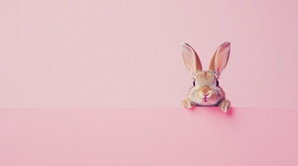 Cute bunny peeking from pink background