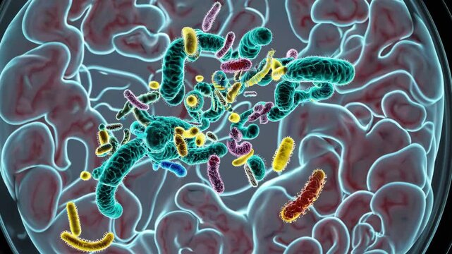 Microscopic view of various bacteria and viruses attacking a human brain, representing concepts such as infection, meningitis, encephalitis, and other neurological diseases