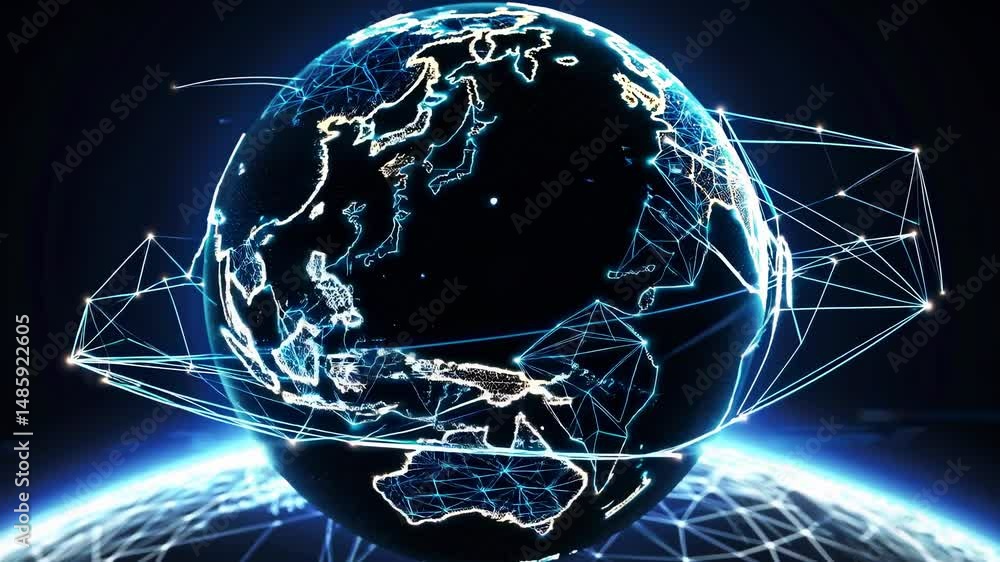 Poster planet earth rotating in space showing global network connections, data exchange and information flo