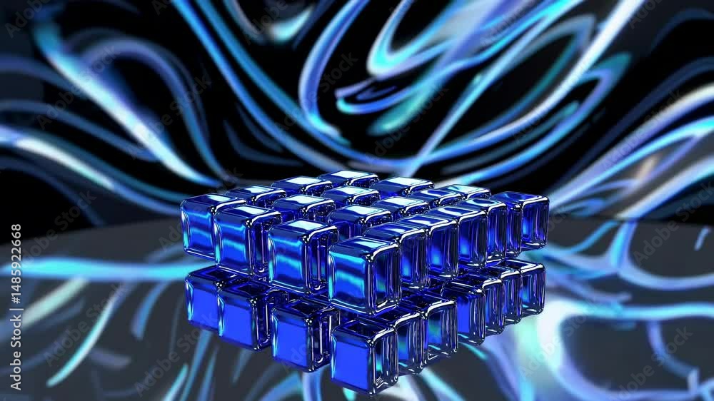 Poster shiny blue metallic cubes are arranged to create a larger cube structure, placed on a reflective sur