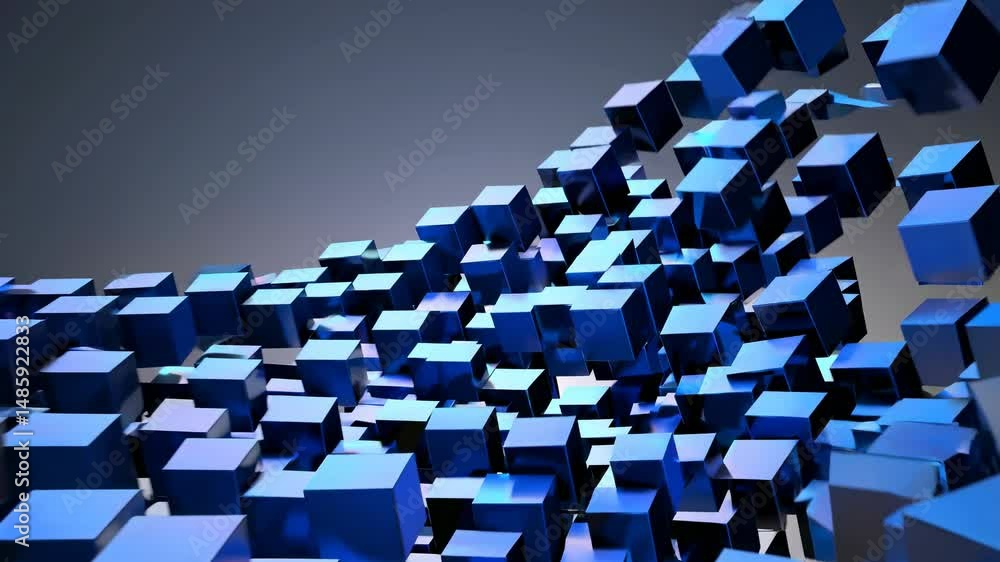 Poster numerous blue cubes are dynamically arranged, creating a visually striking wave effect, symbolizing 
