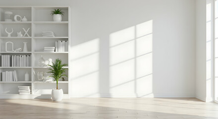 Fototapeta premium Shadows, Window light, Plant, Minimalist White Room Interior with Bookshelf and Sunlight