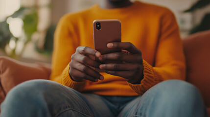 Man using smartphone browsing internet on comfortable sofa at home