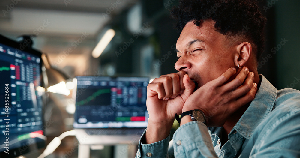 Aufkleber man, yawn and tired by computer screen for trading, charts or fatigue for report in office at compan