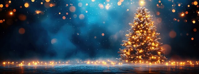 Snow-covered Christmas tree decorated with glowing warm yellow lights and a bright star on top against a dark blue festive background with bokeh lights and a frosty ground