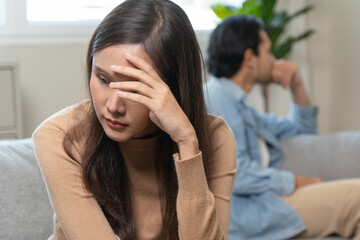 Breakup and depressed, asian young quarrel couple love fight relationship in trouble. Different people are emotion angry. Argue wife has expression upset with husband. Problem of family people.