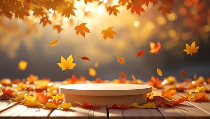 Wooden Podium with Falling Leaves