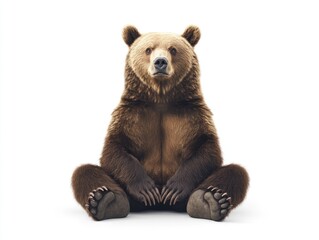 Brown bear sitting, full body shot against white background.  Large, brown bear seated, paws on the ground, facing forward, detailed fur