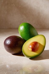Trio of avocados in various ripeness stages on neutral background