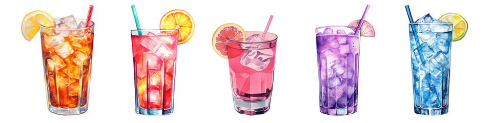 PNG Colorful refreshing iced beverages, element set on transparent background