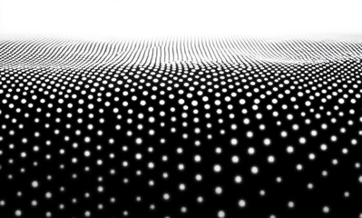 Abstract black and white digital wave pattern with glowing circular dots forming a dynamic grid-like surface