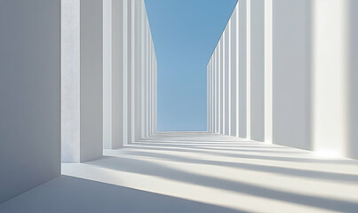 Fototapeta premium Architecture perspective shows a row of white columns under a bright blue sky, creating light and shadow patterns