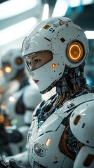 Futuristic robot woman in white armor