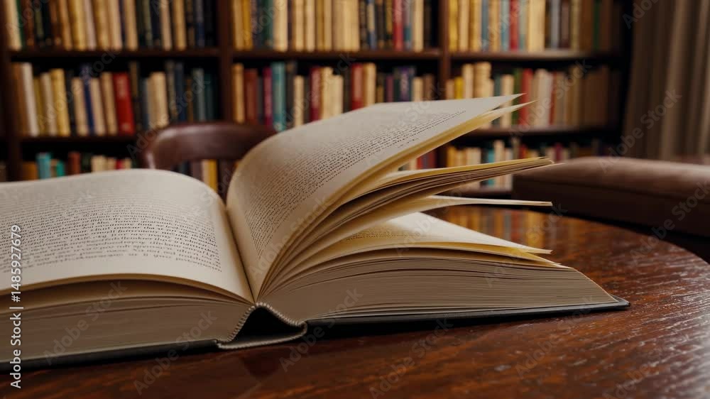 Poster open book rests on a polished wooden table in a library. its pages filled with text and inviting exp