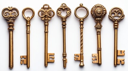 Set of ornate vintage brass skeleton keys arranged in a row on white background.