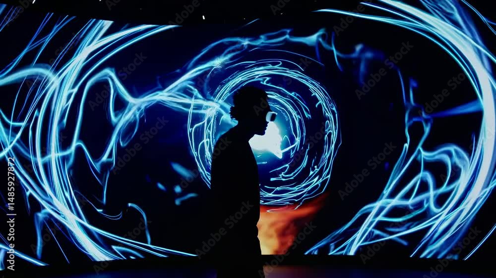 Poster silhouette of a software developer wearing a vr headset, exploring an immersive virtual reality simu