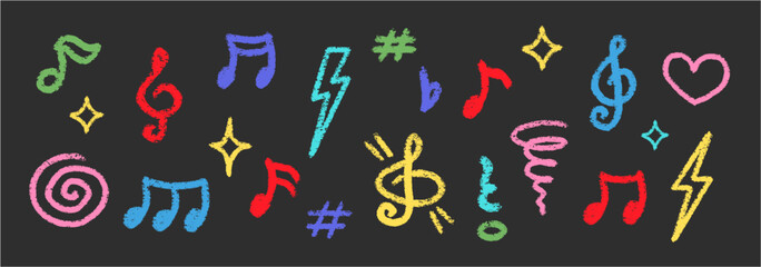 Chalk Blackboard Musical Notes Vector Set Crayon Scribble Music Symbol Shapes Collection Pastel Colors Hand Drawn Brush Texture Treble Clefs Pencil Emphasis Elements Charcoal Doodle Audio Icons Bundle