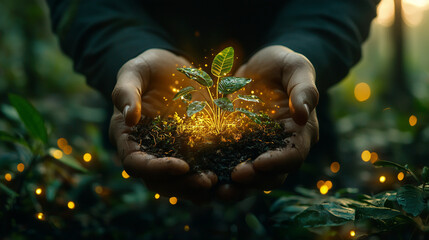Fototapeta premium Two human hands gently cradle a glowing seedling emerging from rich soil, surrounded by golden light in a dark setting. This conceptual image symbolizes hope, stewardship