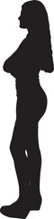 vector silhouette side view young girl standing dressed in dress, arms crossed