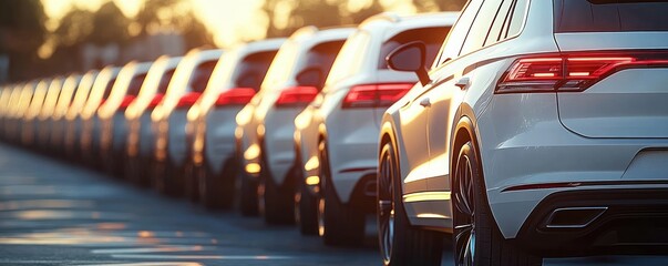 Line of white SUVs parked in a row with red taillights glowing during golden hour, reflecting warm sunlight on shiny surfaces
