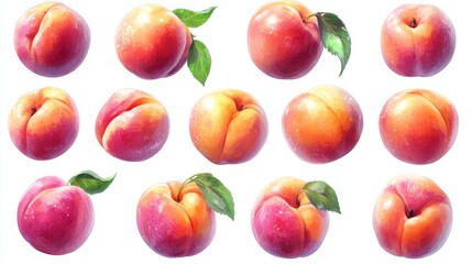Juicy peaches with green leaves on soft pink background in artistic style.