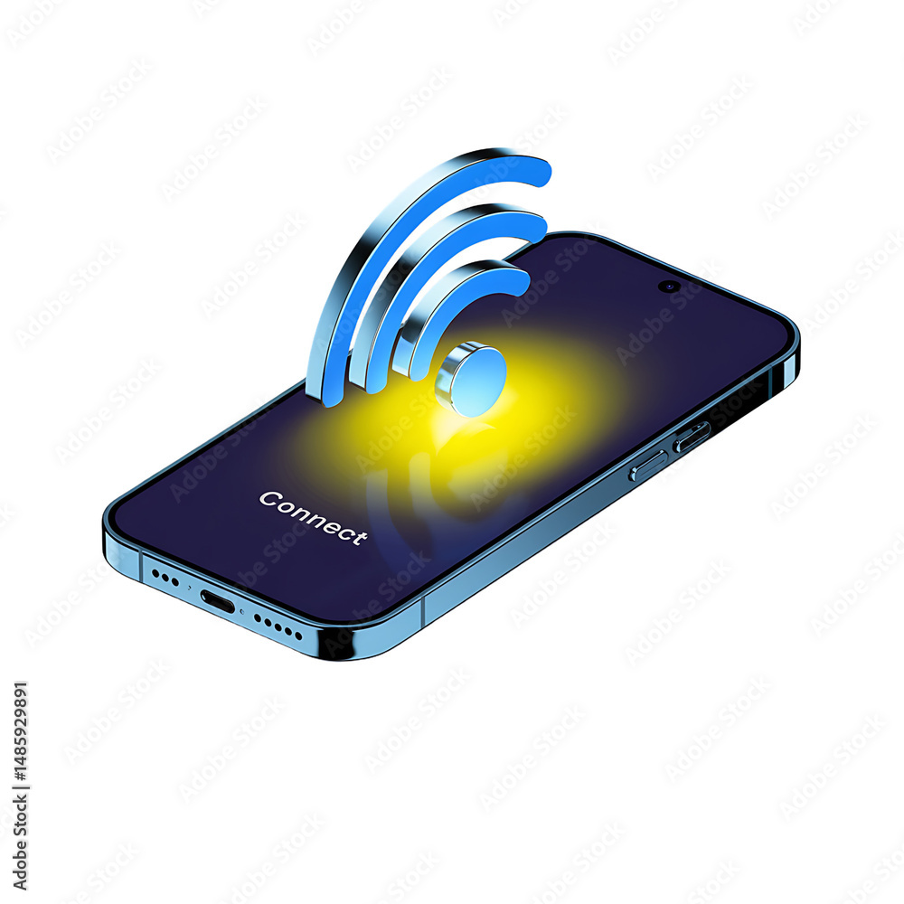 Aufkleber connecting digitally a smartphone glows beneath a strong wifi signal ready on transparent background