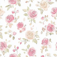 Watercolor Floral Pattern with Pink and Cream Roses