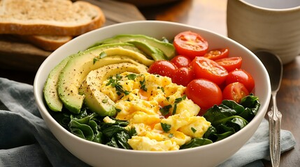 Healthy Breakfast Bowl with Scrambled Eggs, Avocado, Spinach, and Cherry Tomatoes