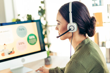 Young businesswoman wearing a headset working intently on a computer at the office during a...