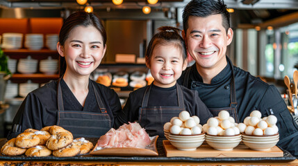 Smiling family of three, a woman, a girl, and a man, proudly displaying an array of baked goods and fresh ingredients in a cozy bakery setting, showcasing culinary passion and togetherness