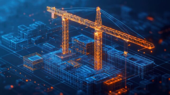 Futuristic digital wireframe of a construction site with two bright orange tower cranes and multiple building structures glowing in blue with a high-tech atmosphere