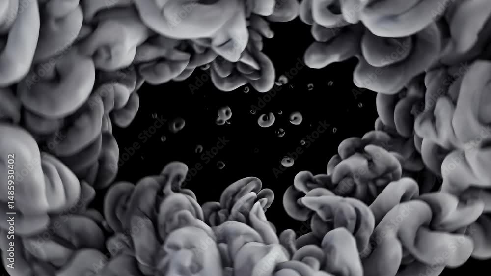 Poster grey ink dissolving gracefully in water forms round cloud shapes against a black background, creatin