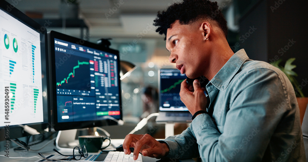 Leinwandbilder phone call, man and trader by computer screen in office with at night for client investment account.