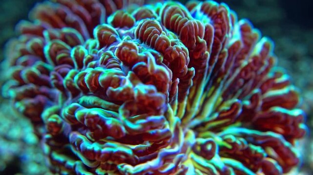 Close-up of an open brain coral, showcasing its vibrant colors, intricate textures, and mesmerizing patterns, creating a captivating underwater scene