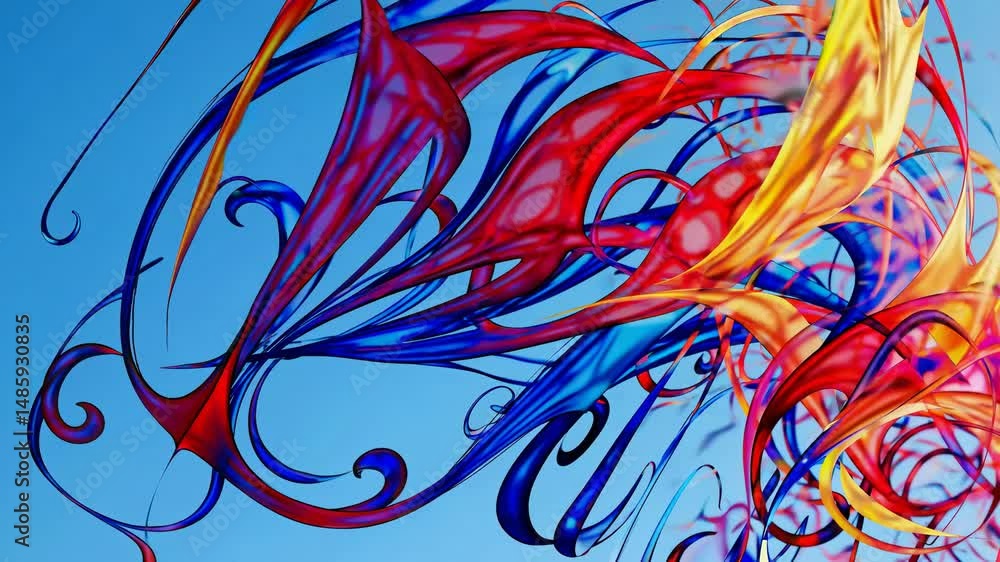 Poster colorful abstract lines are moving and flowing in the blue sky, creating a vibrant and dynamic compo
