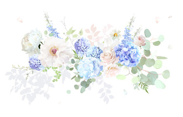Bridgerton inspired pastel floral vector design bouquet. Blue delphinium, white peony, daisy, magnolia, pink rose, hydrangea, greenery and plants. All flowers and branches are isolated and movable.