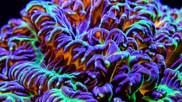 Close-up macro photograph capturing the intricate details and vibrant purple and green hues of blastomussa wellsi lps coral, glowing beautifully under specialized lighting