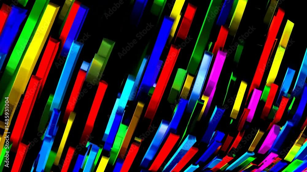 Poster shiny, colorful 3d bars dynamically arranged against a deep black background, creating a vibrant and
