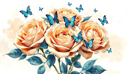 A bunch of peach  colored roses with vibrant blue butterflies fluttering around on a soft  toned background. 
