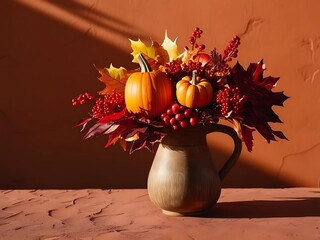 autumn still life. still life with pumpkins. autumn still life. Autumn bouquet of bright flowers and pumpkin  in rustic vase. Beautiful floral decor for thanksgiving and halloween. Cozy home atmospher