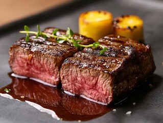 Sizzling premium wagyu steak cooking event modern kitchen culinary art gourmet environment close-up view indulgence concept