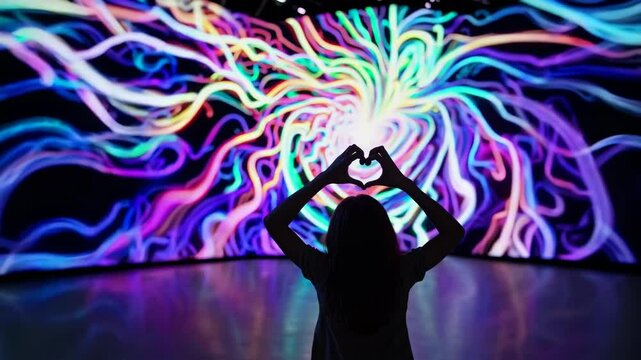 Silhouette of a museum visitor making heart shape with hands, standing in front of large interactive multimedia installation showing colorful abstract digital art, enjoying immersive experience