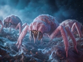 Close-up view of dust mites in their natural habitat macro photography under microscope science experiment intricate details