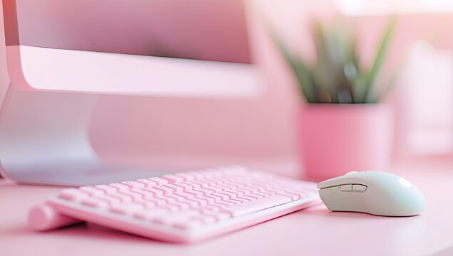 Pink computer setup with keyboard and mouse