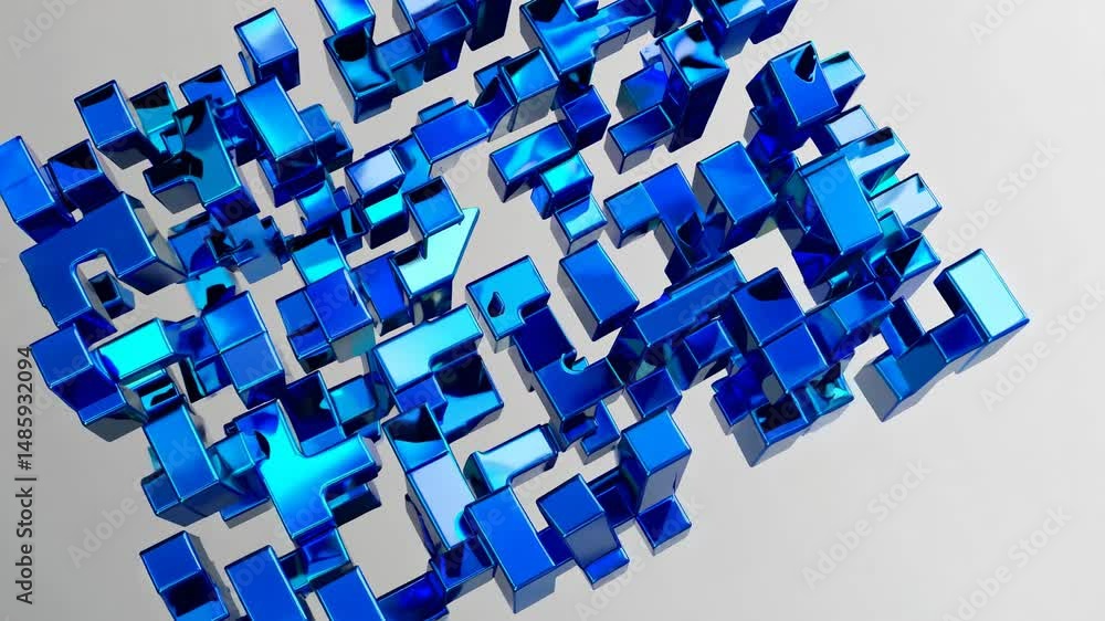Poster shiny blue metallic cubes are connected and arranged randomly, creating an abstract, complex, and vi